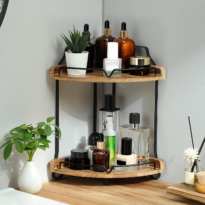 YIGII 2 Tier Bathroom Countertop Organizer - Wood Corner Bathroom Counter Storage for Makeup & Skincare, Makeup Organization for Vanity