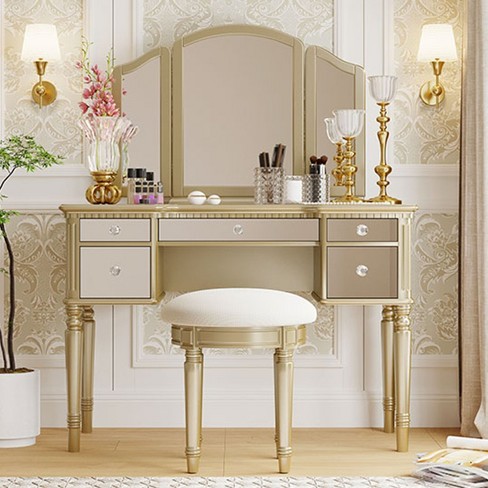 43in Yami Bedroom Vanity Table Makeup Dresser Desk With Mirrored Drawers And Stool maison Boucle Target