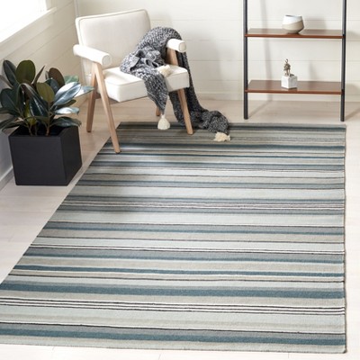 Gray and Blue Striped Wool Flat Woven Rug, 4' x 6'