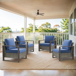 Buenhomino Outdoor Patio Chairs Set of 4-4Piece Furniture Set with Metal Armrest All Weather Wicker Conversation Set for Porch Poolside and Deck - 1 of 4