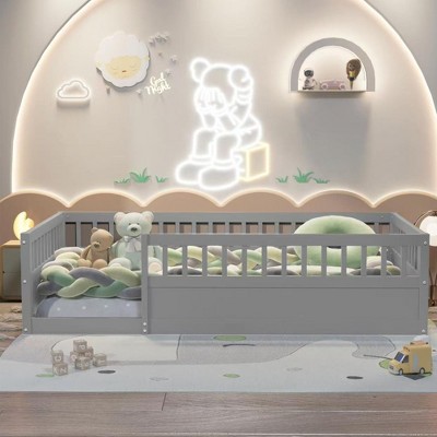 CAVINAS Kids Montessori Bed with Fence,Wood Floor Bed with High Guardrails Design,Twin/Full Size Toddler Bed for Bedroom Playroom,White/Gray/Brown