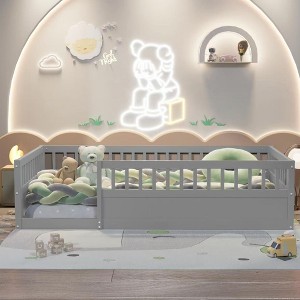 CAVINAS Twin/Full Size Modern Bed Frame with Heigh Guardrails,Pine Wood Floor Bed for Kids Room,Playroom - 1 of 4