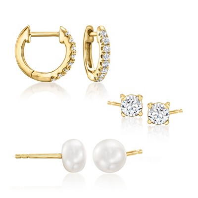 Ross-Simons 6-6.5mm Cultured Pearl and .60 ct. t.w. CZ Jewelry Set: 3 Pairs Of Earrings in 18kt Gold Over Sterling
