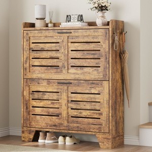 Slim Shoe Cabinet for Entryway, Farmhouse 2-Drawer Flip-Down Shoe Organizer with Hooks & Ventilation, Fits Size 13 Shoes - 1 of 4