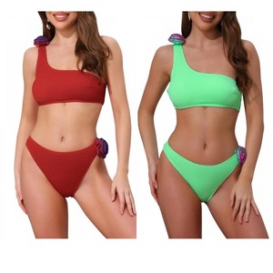 INSPIRE CHIC Women's 3D Rose Floral One Shoulder Ribbed Triangle Bottoms Swimwear Bathing Bikini Suits 2 Sets - 1 of 4