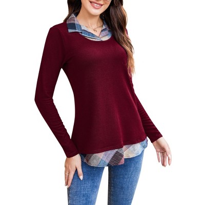 Women's Long Sleeve Contrast Collared Shirts Patchwork Work Blouse Tunics Tops
