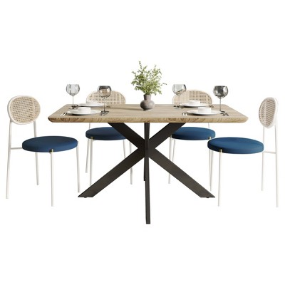 LeisureMod Ravenna 5-Piece Dining Set - 63" Rectangular MDF Top Dining Table in Maple & 4 Velvet Dining Chairs in White Steel Legs