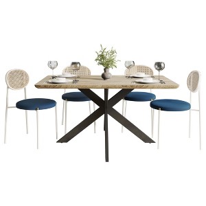 LeisureMod Ravenna 5-Piece Dining Set - 63" Rectangular MDF Top Dining Table in Maple & 4 Velvet Dining Chairs in White Steel Legs - 1 of 4