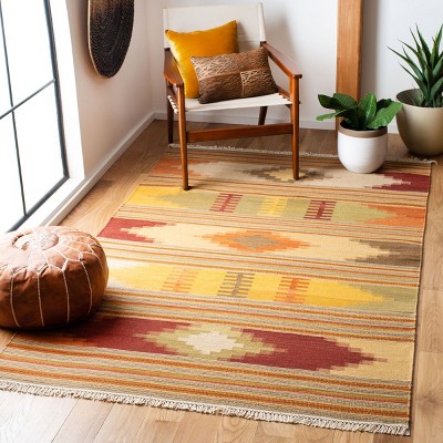 Red and Multicolor Geometric Wool Flat Woven Area Rug