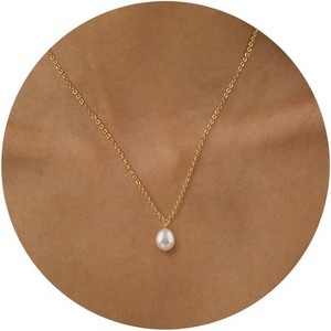 Dainty 14k Gold Plated Pearl Choker Necklace for Women: Single Solitaire Pendant, Simple Trendy Gold Jewelry Gift - 1 of 4