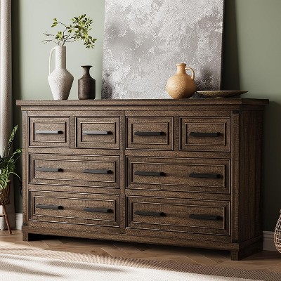 Brown Farmhouse 8 Drawer Dresser for Bedroom Rustic Wood Chest of Drawers Vintage Storage Organizer for Living Room TV Stand 55 Inch