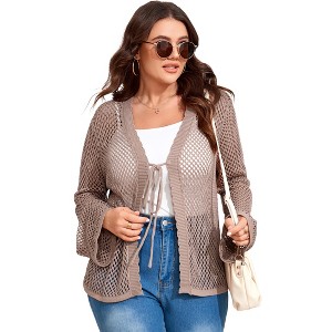 Coolmee Women Plus Size Knotted Crochet Cardigan Tie Front Hollow Out Knit Long Sleeve V Neck Boho Cute Shrug Cardigan - 1 of 1