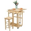 VINGLI Drop Leaf Table with 2 Square Stools and 2 Drawers Solid Wood Kitchen Table and Chair Set Island Cart Trolly Breakfast Bar - 2 of 4