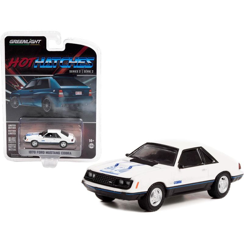 1979 Ford Mustang Cobra White with Medium Blue Glow Graphics "Hot Hatches" Series 2 1/64 Diecast Model Car by Greenlight, 1 of 4