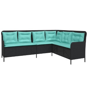 vidaXL Outdoor L-Shaped Garden Sofa - Black Poly Rattan Patio Couch with Turquoise Cushions - 87"x64.2" - 1 of 4