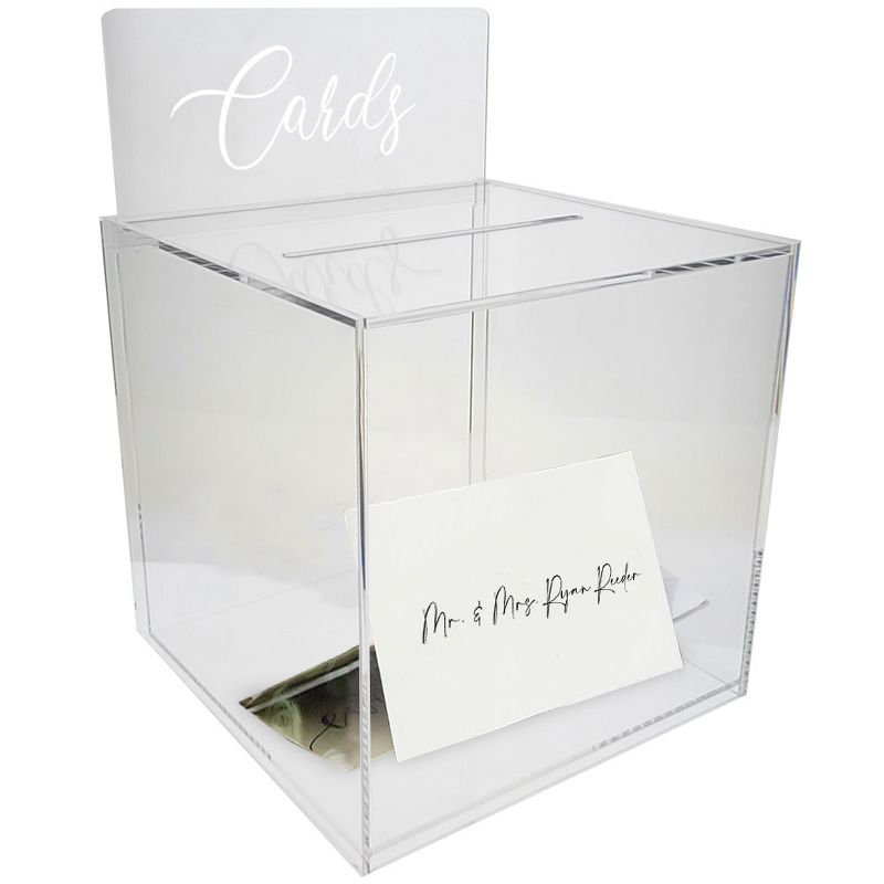 OnDisplay 10" Luxe Acrylic Clear Wedding Card Money Box w/Hinged Lid and Removable Sign, 1 of 7