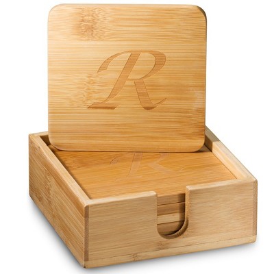RCZ Décor Personalized Monogrammed Coaster Set, Includes 6 Drink Coasters with Holder, Bamboo Coasters for Coffee Tables, Wedding Gifts, & Presents