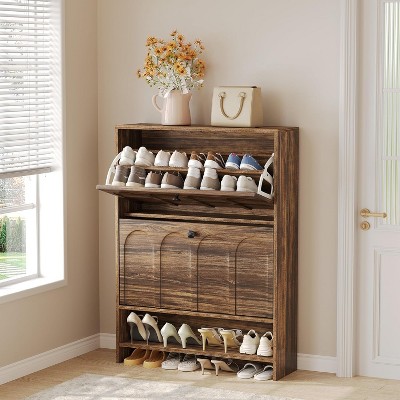 Tribesigns Shoe Cabinet for Entryway with 2 Flip Drawers, Wood Shoe Cabinet with Fluted Panel, hidden Shoe Organizer for Foyer, Hallway (Walnut)