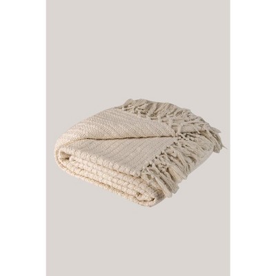Ivory Handwoven Cotton Blend Throw Blanket with Fringe, 50x60