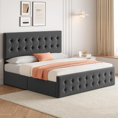 Full Size Bed Frame with 4 Storage Drawers and Headboard, Linen Upholstered Platform Bed Frame with Wooden Slats Support, Button Tufted Design, Grey