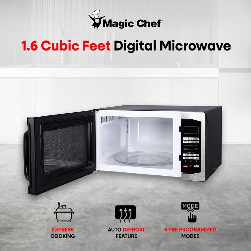 Magic Chef MCM1611ST 1100 Watt 1.6 Cubic Feet Microwave with Digital Touch Controls and Display, Black, 2 of 7