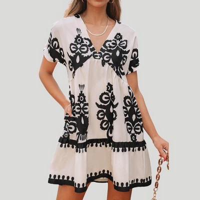 Amaryllis Women’s V-Neck Short Sleeve Mini Dress Black Contrast Trim Tiered Hem Bold Pattern Loose Fit