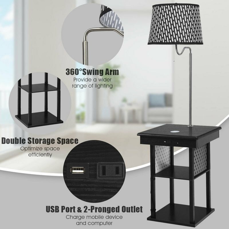 Costway Floor Lamp End Table Modern Nightstand Bedside Desk w/ USB Charging Ports Shelves, 4 of 11
