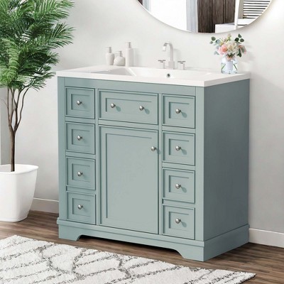 NicBex 36'' Bathroom Storage Cabinet with Sink, Bathroom Vanity, 6 Spacious Drawers and 1 Two-tier Cabinet for Bathroom, Green