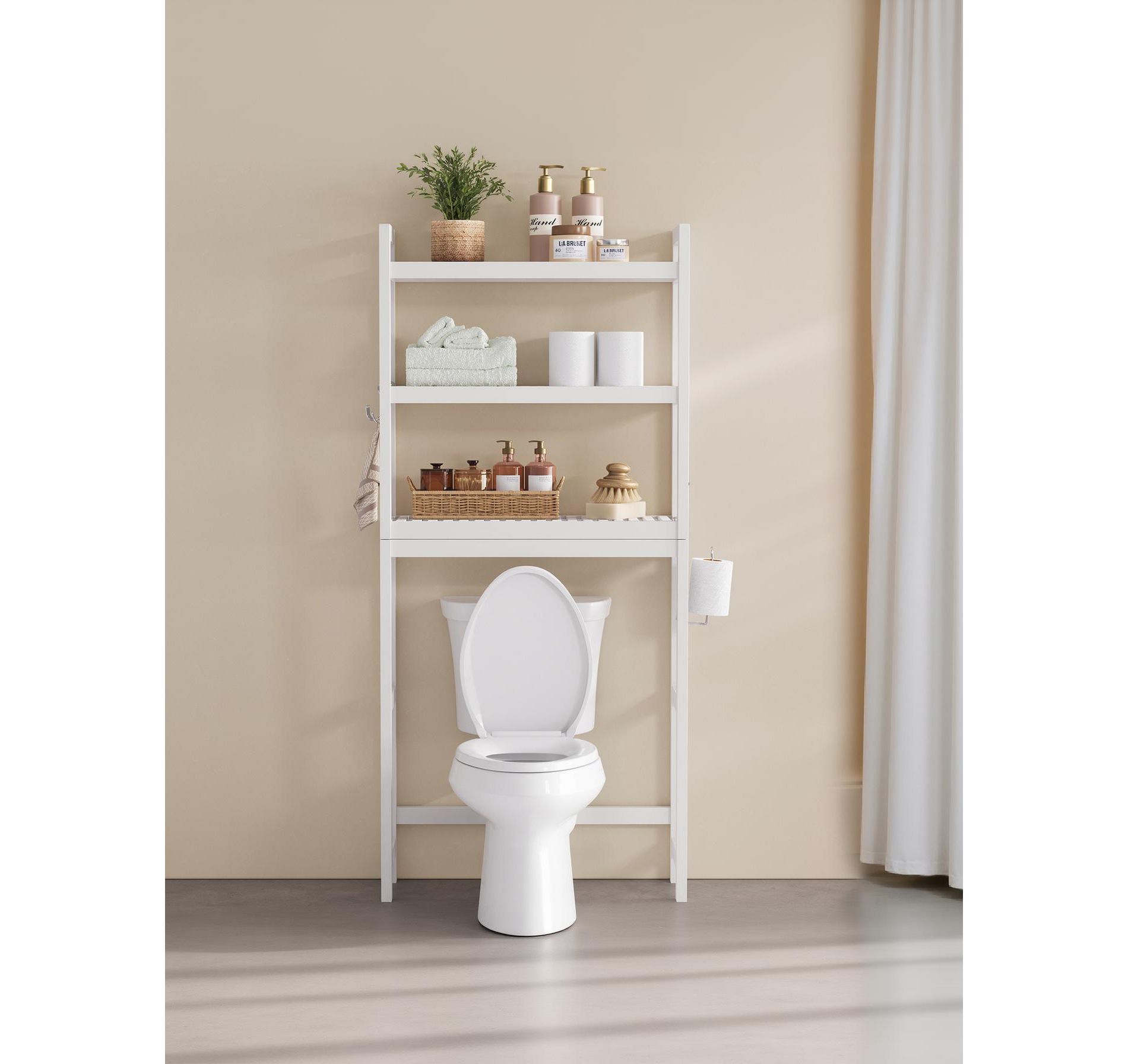 LEDREM Bathroom Storage Rack, Adjustable 3-Tier Over Toilet Organizer, Space Saving Shelf, Easy to Assemble, White