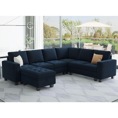 Belffin Modular Velvet Tufted L Shaped Sofa Couch with Storage Ottoman 7-Seater