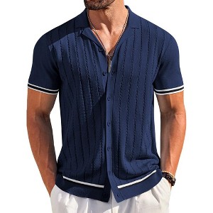 COOFANDY Men's Short Sleeve Knit Casual Button Down Shirt Vintage Striped Knitted Golf Beach Tops - 1 of 4