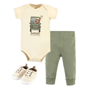 Hudson Baby Infant Boy Cotton Bodysuit, Pant and Shoe Set, Going On Safari Short Sleeve