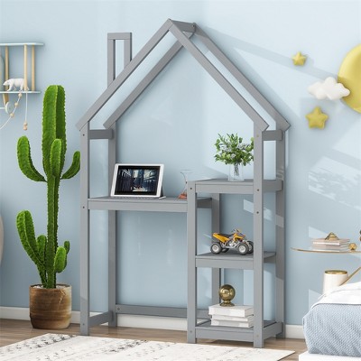 Computer Desk, House Shaped Office Desk With Open Storage Shelves, Spacious Work Area, Modern Writing Gaming Table For Home Office Workstation