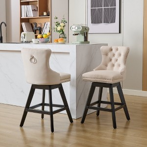 Swivel Velvet Barstools with Button Tufted Decoration and Wooden Legs, and Chrome Nailhead Trim, Leisure Style Bar Chairs,Bar stools, Set of 2 - 1 of 4