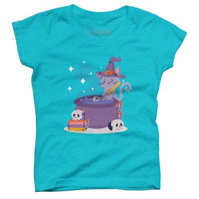 Girl's Design By Humans Halloween Kitty Cauldron By machmigo T-Shirt