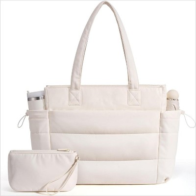 Tote Bag for Women with Giant Tumbler Holder Pocket, Puffer Work Travel Laptop Handbag with Zipper