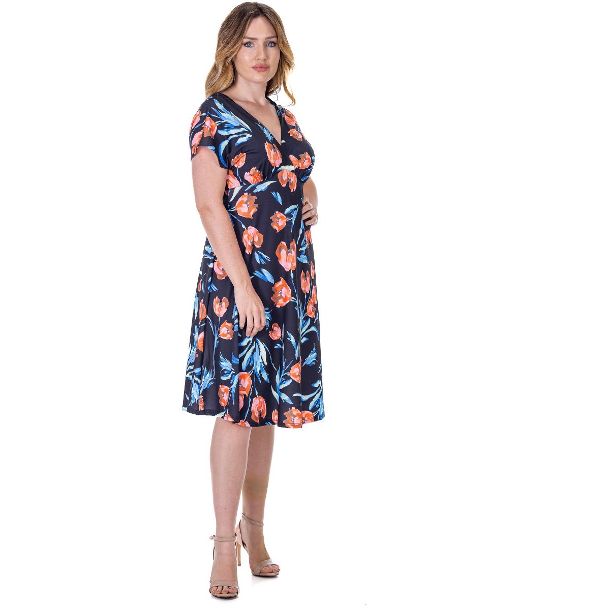 24seven Comfort Apparel Petite Tulip Print V Neck Empire Waist Cap Sleeve Knee Length Dress - thumbnail 2