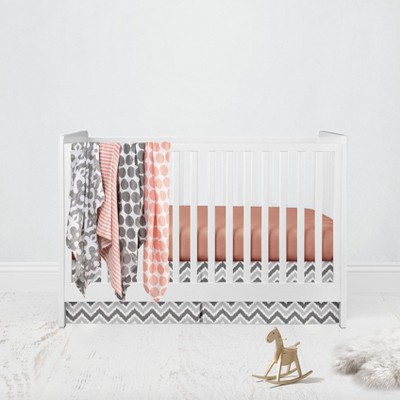 Bacati - Ikat Dots Stripes Coral Grey Girls 6 pc Crib Set with 4 Muslin Swaddle Blankets