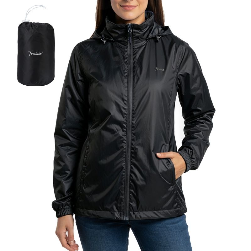 Tirrinia Women's Hooded Rain Coat, Packable Waterproof Windproof Jacket (S,Black)