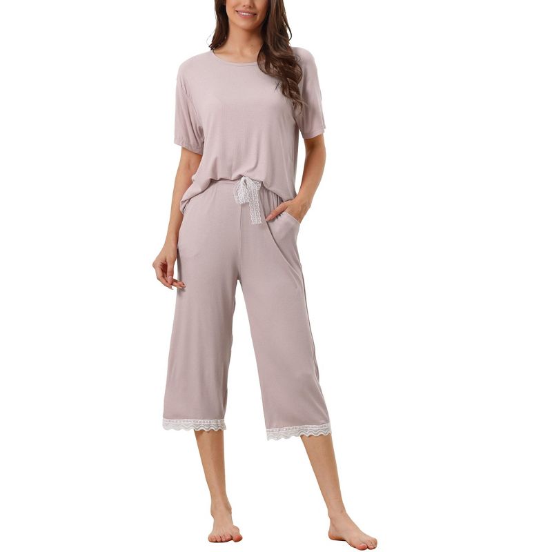 cheibear Women's Modal Loose Summer Lace Trim Short Sleeve Carpri Pajama Set, 1 of 6