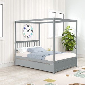 Full Size Canopy Bed with Twin Trundle, Kids Solid Wood Platform Bed Frame w/ Headboard, No Box Spring Needed - 1 of 4