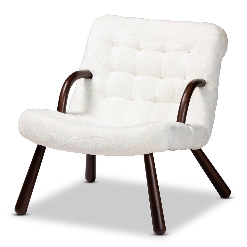 Photos - Chair Eisa Faux Shearling Upholstered and Wood Accent  White/Walnut Brown 