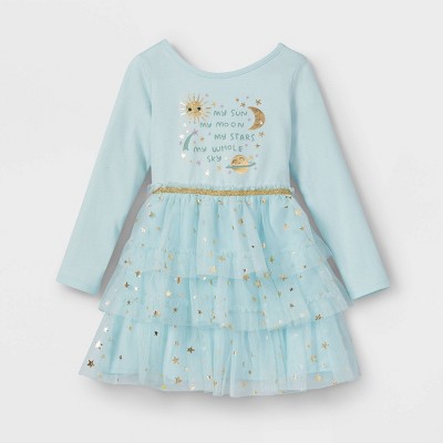 Toddler Girls' Sun & Moon Long Sleeve Tiered Tutu Dress - Cat & Jack™ Light Blue