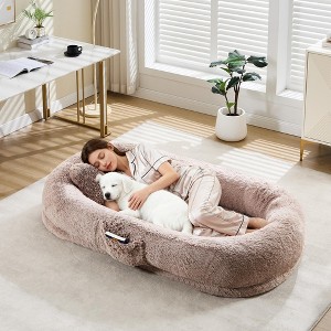 Human Dog Bed, 67” x43” x8” Large Gaint Shared Bed for Adult & Pets, Faux Fur Removable Nap Bed Bean Bag Bed with Pillow - 1 of 4