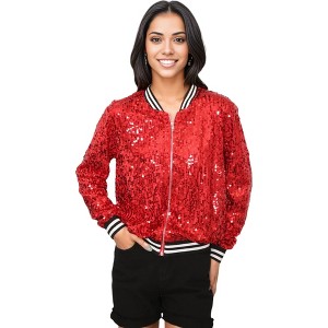 Anna-Kaci Sequin Bright Color Vasity Bomber Zip-Up Stripe Cuff Jacket - 1 of 4