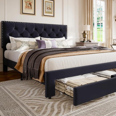 Homhougo Upholstered Queen Bed Frame with 2 Storage Drawers, Velvet Platform Bed Frame with Button Tufted Rivets Headboard