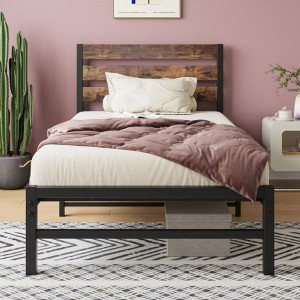 Twin Size Platform Bed Frame with Rustic Vintage Wood Headboard, Strong Metal Slats Support Mattress Foundation, No Box Spring Needed Rustic Brown - 1 of 4