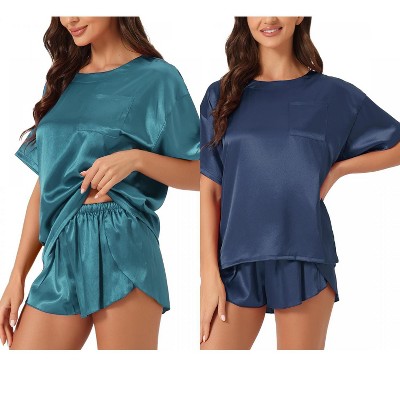 INSPIRE CHIC Women's 2 Pcs Lounge Sets Satin Silky Short-Sleeve Tee with Side-Slit Elastic Shorts Sleepwear