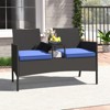 Tangkula Outdoor Rattan Loveseat 2-Seat Patio Conversation Set with Built-in Coffee Table Cushions Wicker Bench Furniture Blue - 2 of 4
