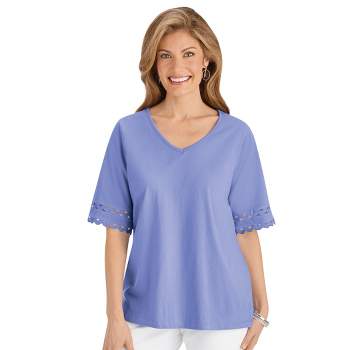 Collections Etc Stylish Zig-Zag Lace Trim V-Neck Top with Elbow-Length Sleeves